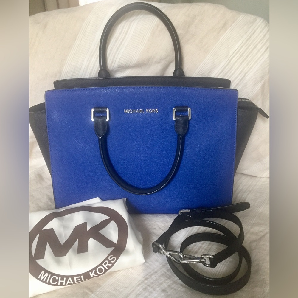 Michael Kors Selma Leather Color Block Blue Black Satchel Handbag Medium